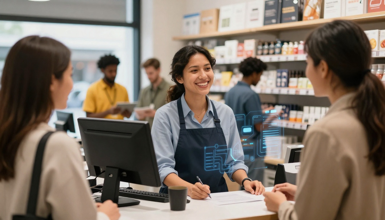A smiling cashier wearing a blue apron assists two customers at a counter. Shelves with various products are visible in the background, and other staff members are working.