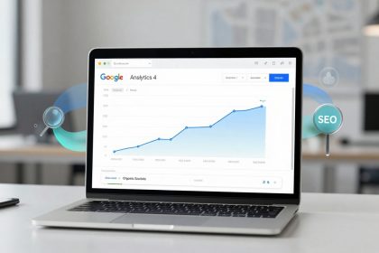 A laptop displaying Google Analytics 4 with a line graph showing upward trends. SEO icons surround the screen. The background is a blurred office setting.