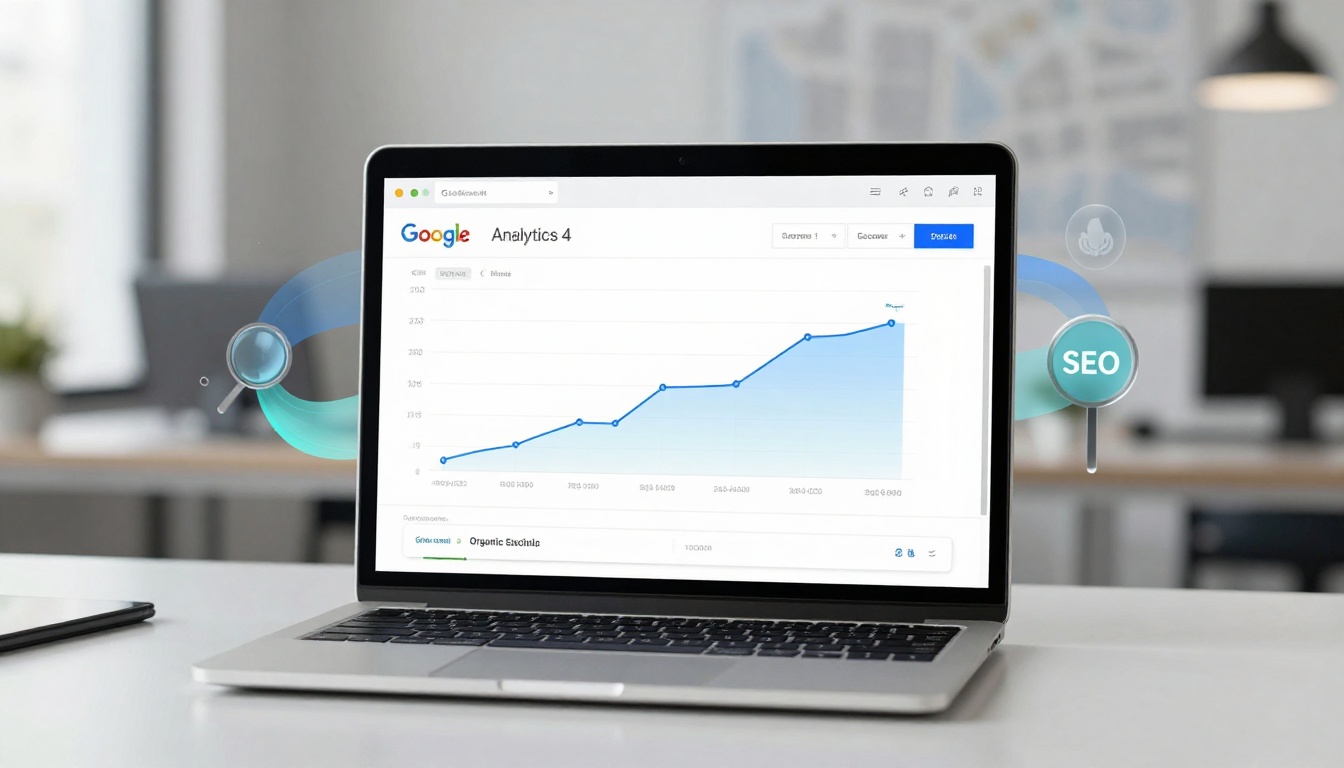 A laptop displaying Google Analytics 4 with a line graph showing upward trends. SEO icons surround the screen. The background is a blurred office setting.