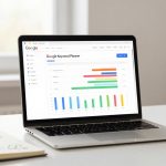 A laptop displaying Google Keyword Planner with colorful bar charts is on a white desk. Nearby, there's a steaming pink mug and an open notebook with a pen.