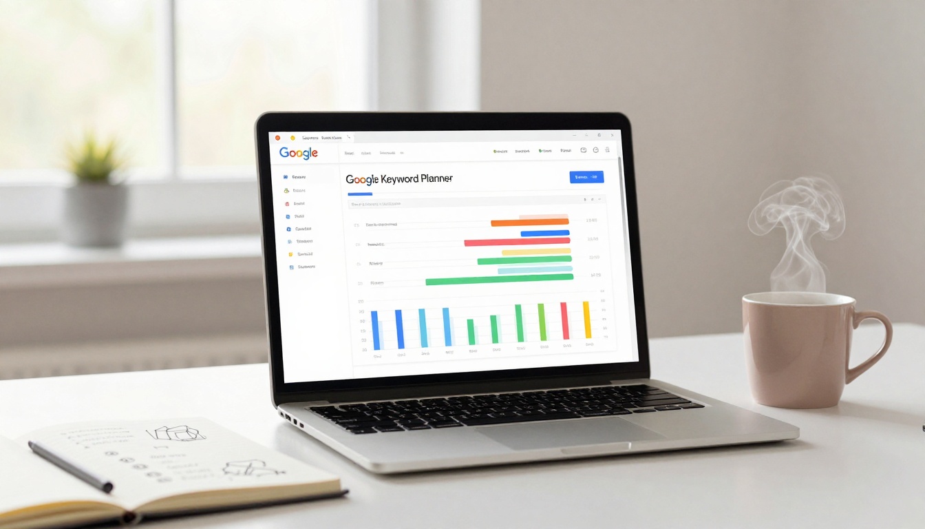 A laptop displaying Google Keyword Planner with colorful bar charts is on a white desk. Nearby, there's a steaming pink mug and an open notebook with a pen.