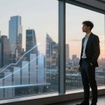 A man in a suit stands in front of a large window overlooking a city skyline at sunset. A transparent bar graph with an upward trend is projected onto the window.