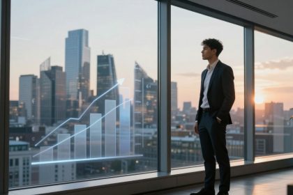 A man in a suit stands in front of a large window overlooking a city skyline at sunset. A transparent bar graph with an upward trend is projected onto the window.