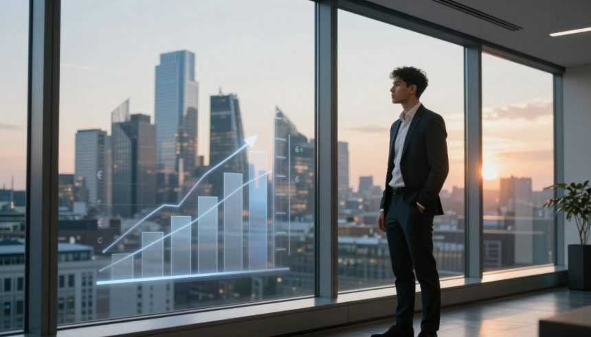 A man in a suit stands in front of a large window overlooking a city skyline at sunset. A transparent bar graph with an upward trend is projected onto the window.