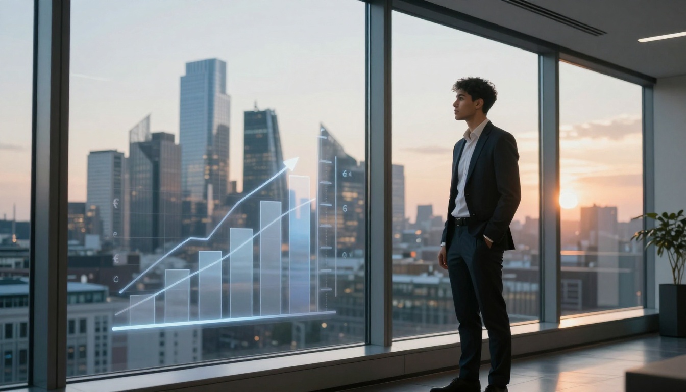 A man in a suit stands in front of a large window overlooking a city skyline at sunset. A transparent bar graph with an upward trend is projected onto the window.