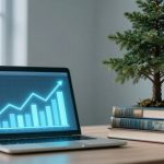 A laptop displaying a rising bar graph with an arrow on the screen sits on a desk. Beside it is a small potted pine tree placed on three stacked books.