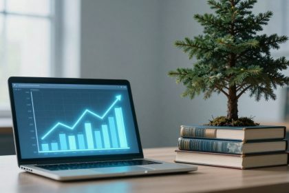 A laptop displaying a rising bar graph with an arrow on the screen sits on a desk. Beside it is a small potted pine tree placed on three stacked books.