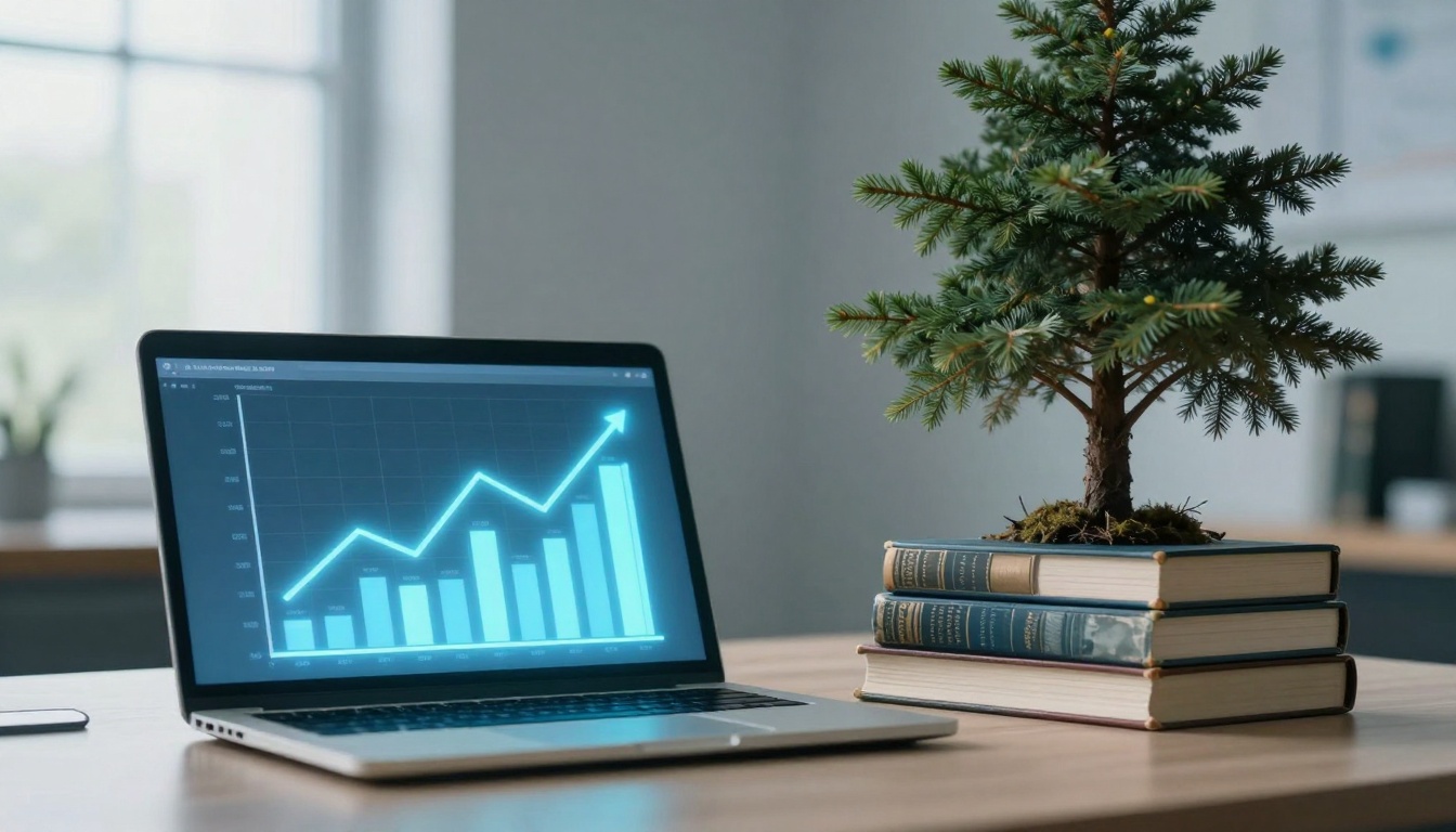 A laptop displaying a rising bar graph with an arrow on the screen sits on a desk. Beside it is a small potted pine tree placed on three stacked books.