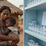 A woman holding a young child stands beside a shelf with vaccine vials labeled "VACCINE." A thatched-roof building is in the background.