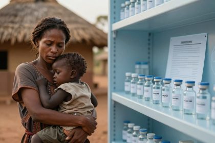 A woman holding a young child stands beside a shelf with vaccine vials labeled "VACCINE." A thatched-roof building is in the background.