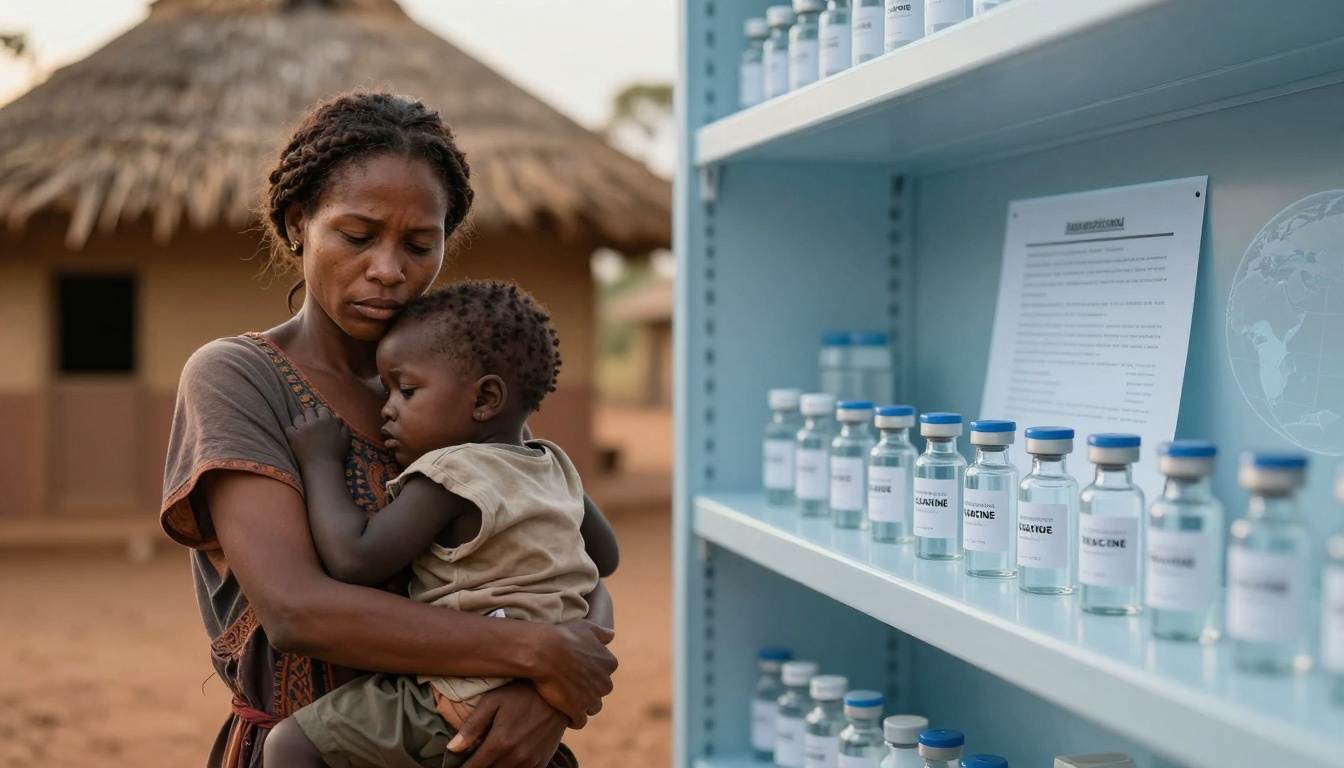 A woman holding a young child stands beside a shelf with vaccine vials labeled "VACCINE." A thatched-roof building is in the background.