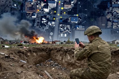 A soldier in camouflage and helmet uses a smartphone near a crater. Smoke and fire rise from burning buildings in the background. Overhead, a map of a city with highlighted points is visible. Debris is scattered around the scene.