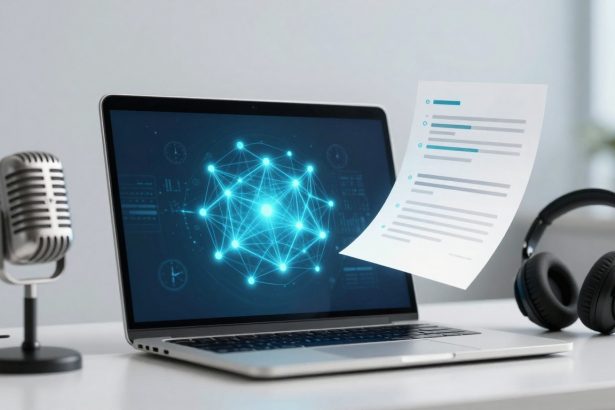 A laptop displaying a glowing network diagram on its screen sits on a white desk. Nearby are a microphone, headphones, and a floating document.