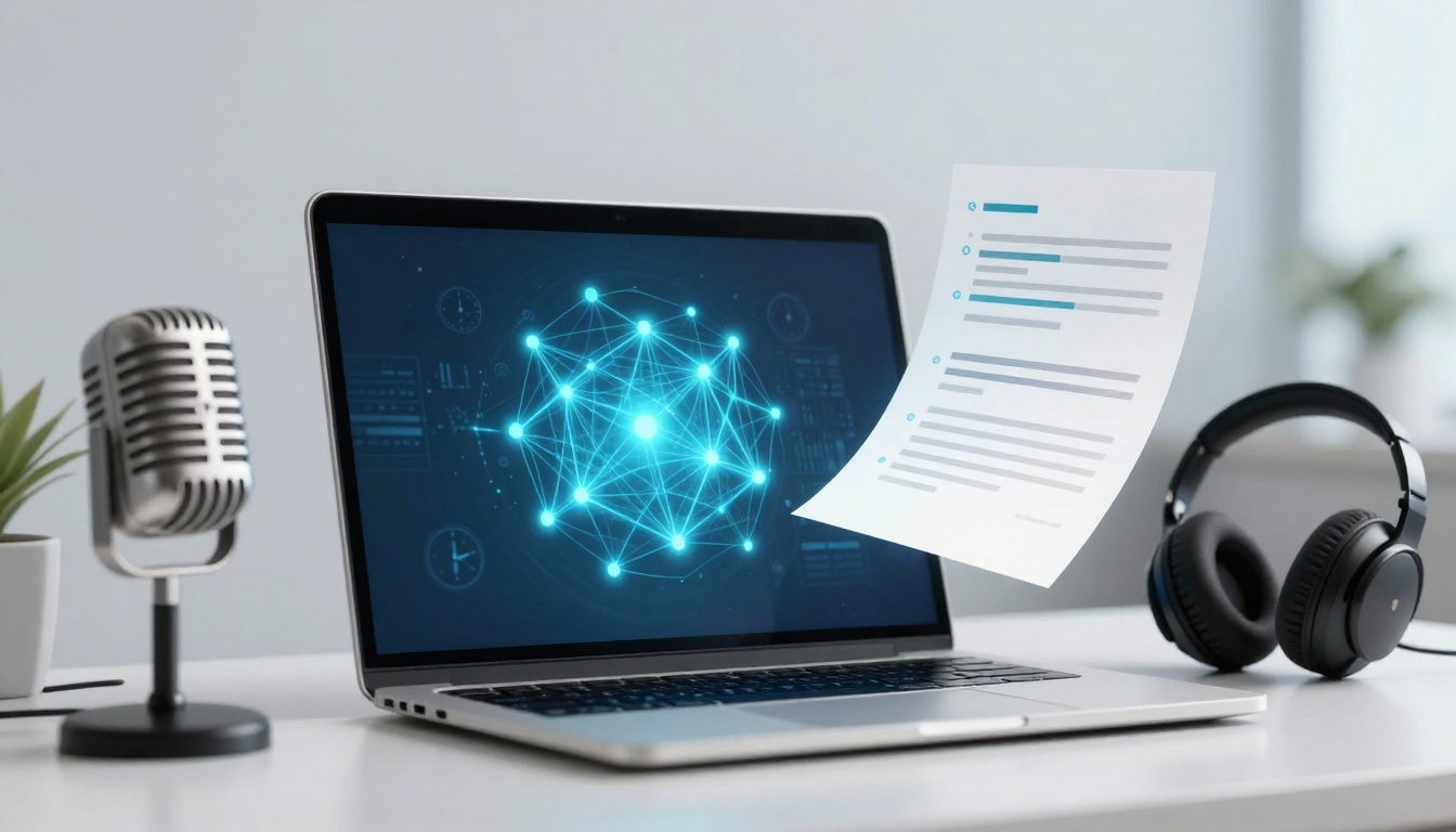 A laptop displaying a glowing network diagram on its screen sits on a white desk. Nearby are a microphone, headphones, and a floating document.