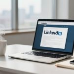 A laptop displaying the LinkedIn homepage sits on a white desk, alongside a steaming coffee cup, a smartphone, and a notebook. A blurred cityscape is visible through large windows in the background.