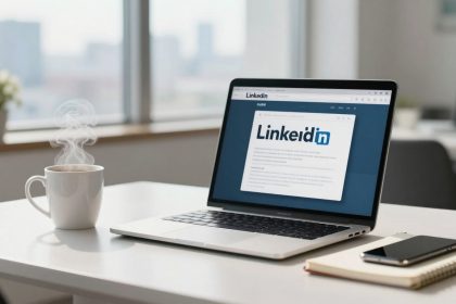 A laptop displaying the LinkedIn homepage sits on a white desk, alongside a steaming coffee cup, a smartphone, and a notebook. A blurred cityscape is visible through large windows in the background.