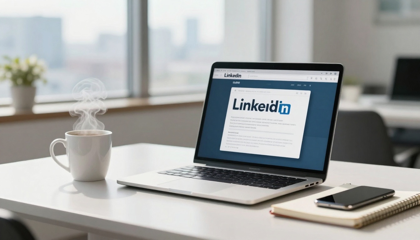 A laptop displaying the LinkedIn homepage sits on a white desk, alongside a steaming coffee cup, a smartphone, and a notebook. A blurred cityscape is visible through large windows in the background.
