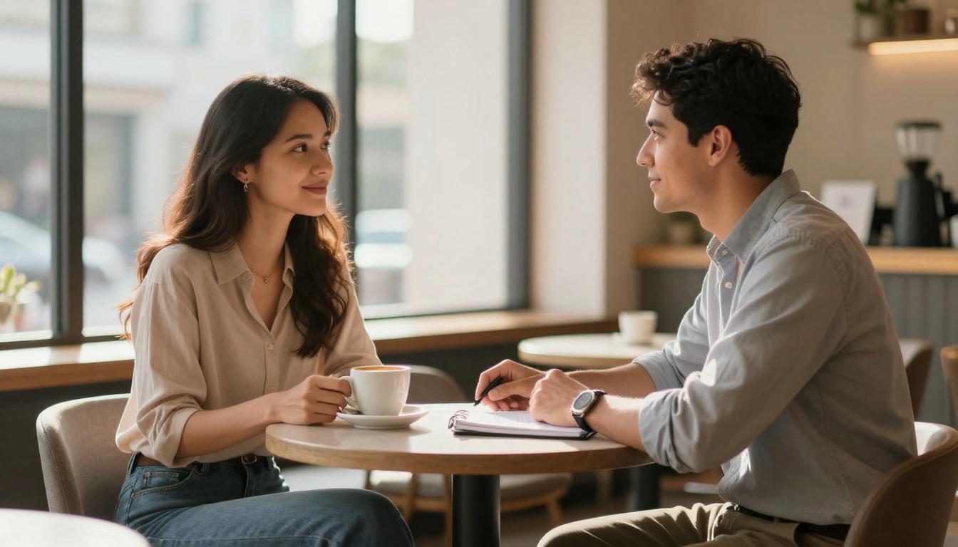 A woman and a man sit at a café table, facing each other. The woman holds a coffee cup, and the man has a notebook and pen. Sunlight streams through large windows.