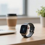 A smartwatch with a black band displaying a clock face is on a wooden desk. Nearby are a laptop, a takeaway coffee cup, and a potted plant.