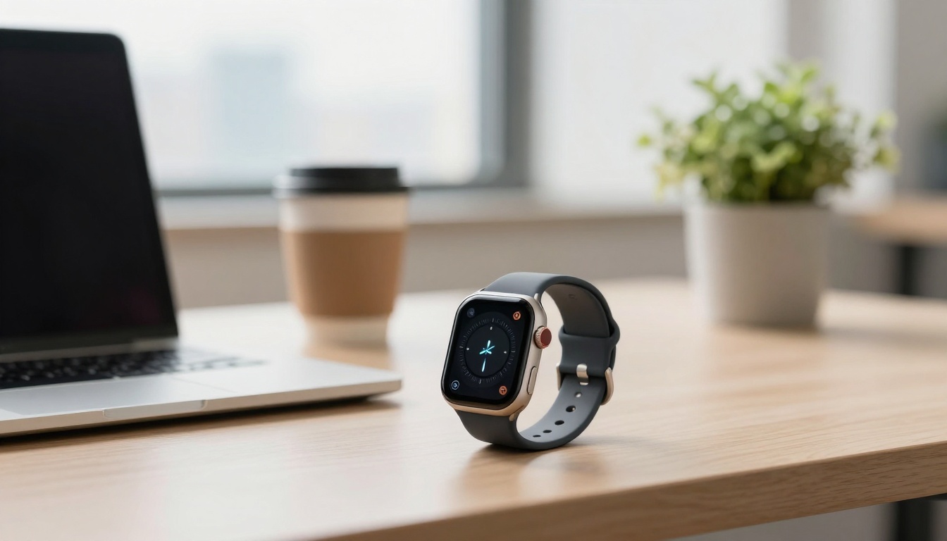 A smartwatch with a black band displaying a clock face is on a wooden desk. Nearby are a laptop, a takeaway coffee cup, and a potted plant.
