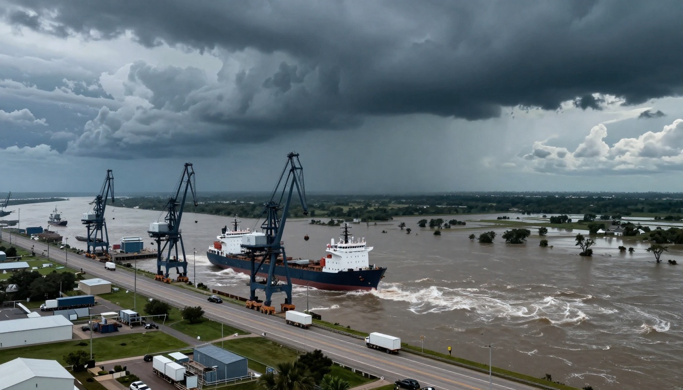 Aerial view of a large cargo ship navigating a flooded river, with cranes along the dock. Dark storm clouds loom overhead, and trucks are on the nearby road.