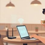 A person in a cafe uses a laptop with a visible Wi-Fi symbol while drinking coffee. Another person in a hoodie works on a laptop in the background.