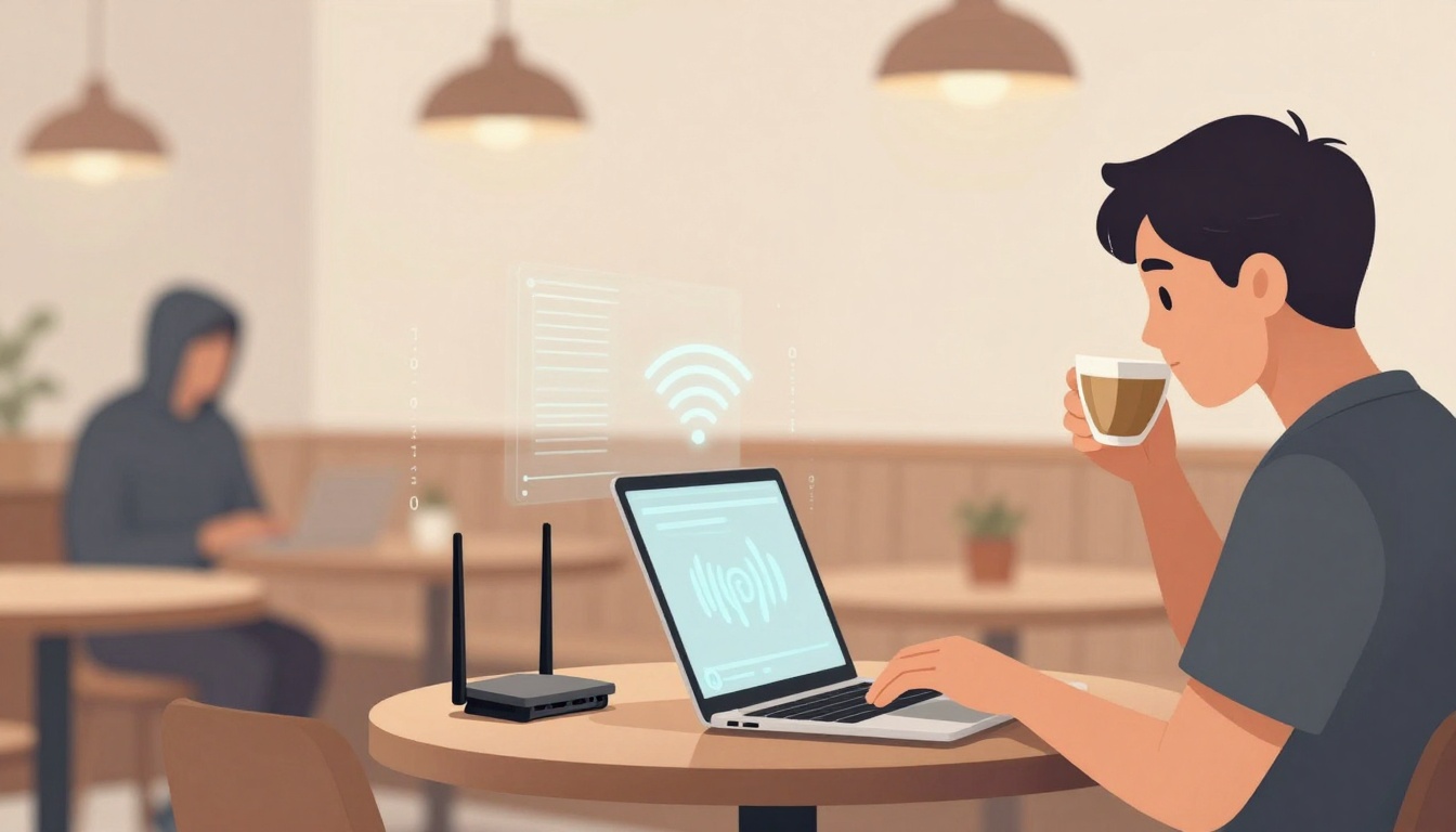 A person in a cafe uses a laptop with a visible Wi-Fi symbol while drinking coffee. Another person in a hoodie works on a laptop in the background.