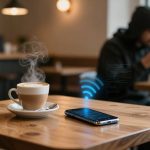 A steaming cup of coffee on a wooden table next to a smartphone displaying a blue Wi-Fi icon. In the background, a person in a hoodie drinks coffee in a cozy café setting.