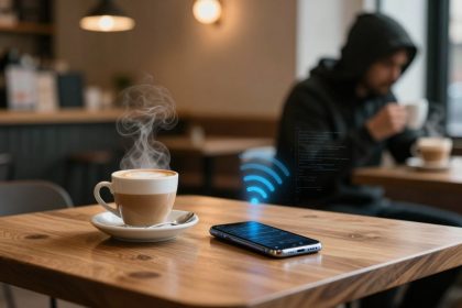 A steaming cup of coffee on a wooden table next to a smartphone displaying a blue Wi-Fi icon. In the background, a person in a hoodie drinks coffee in a cozy café setting.