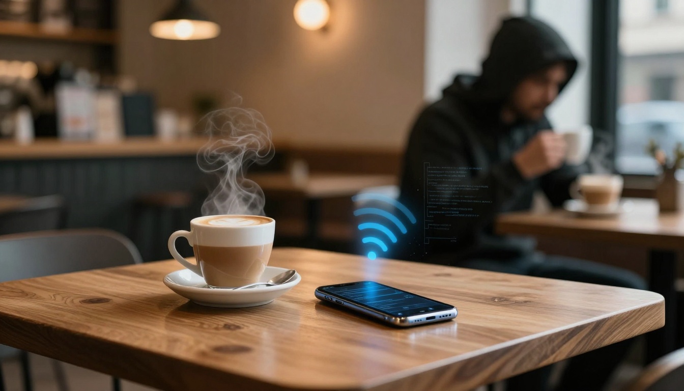 A steaming cup of coffee on a wooden table next to a smartphone displaying a blue Wi-Fi icon. In the background, a person in a hoodie drinks coffee in a cozy café setting.