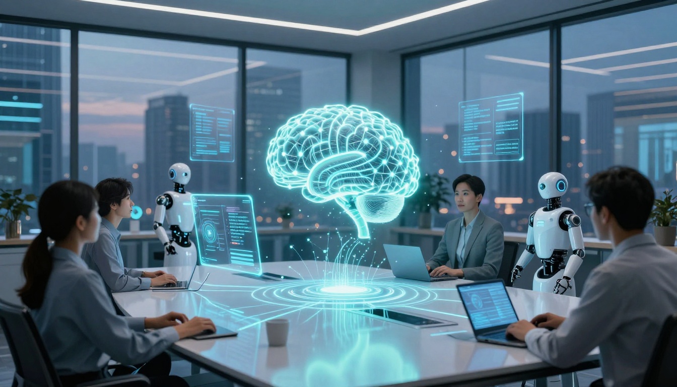 People and humanoid robots sit around a conference table with laptops. A holographic brain and data displays hover above the table.