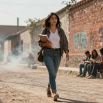 A woman in a white shirt and jeans walks down a dusty street holding notebooks. Behind her, people sit by a graffiti-covered brick wall.
