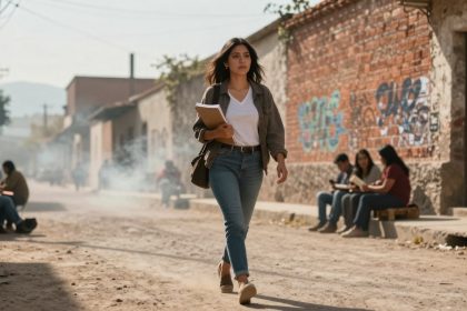 A woman in a white shirt and jeans walks down a dusty street holding notebooks. Behind her, people sit by a graffiti-covered brick wall.