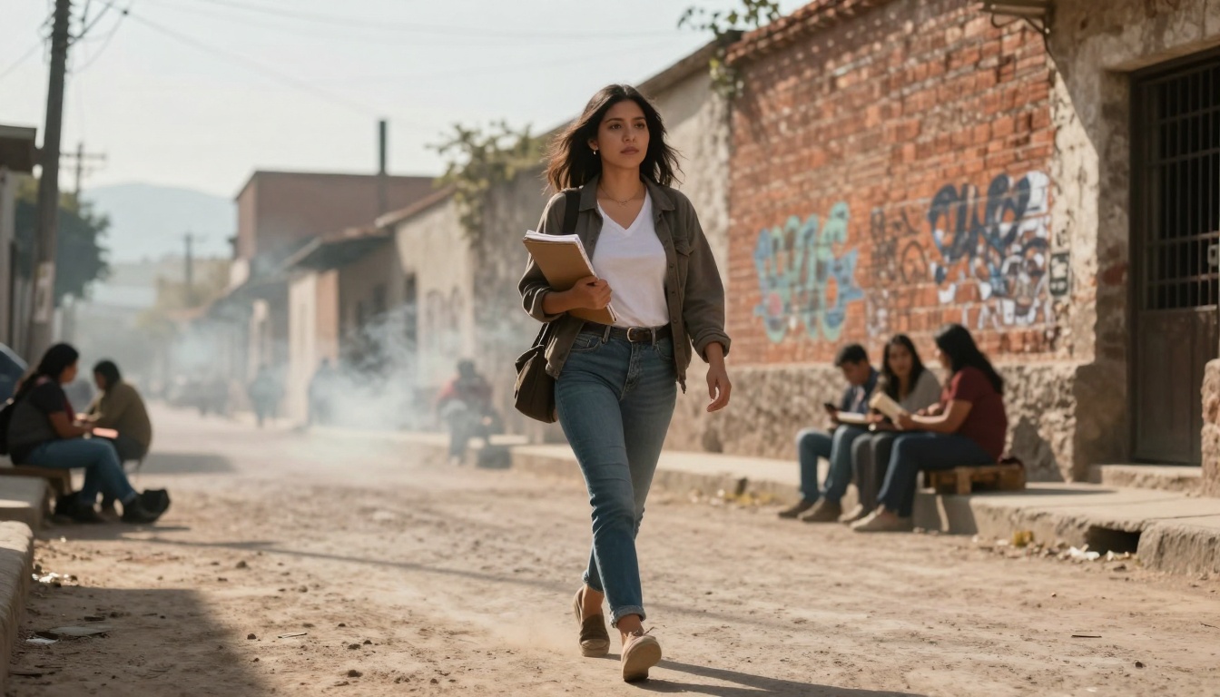 A woman in a white shirt and jeans walks down a dusty street holding notebooks. Behind her, people sit by a graffiti-covered brick wall.