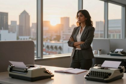 A woman in a gray suit stands with arms crossed in a modern office with large windows. Two typewriters and an open notebook are on desks. The sunset and city skyline are visible outside.