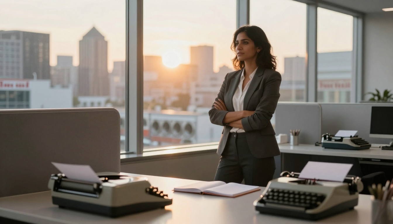 A woman in a gray suit stands with arms crossed in a modern office with large windows. Two typewriters and an open notebook are on desks. The sunset and city skyline are visible outside.
