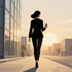 A woman in a black suit walks down a city street at sunrise, holding a coffee cup. Buildings and trees line the sidewalk.