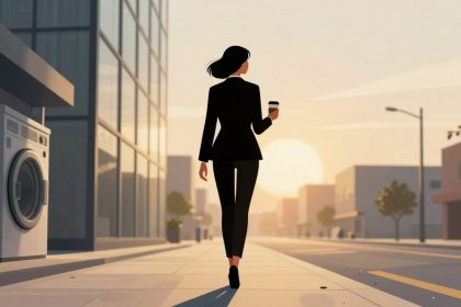 A woman in a black suit walks down a city street at sunrise, holding a coffee cup. Buildings and trees line the sidewalk.