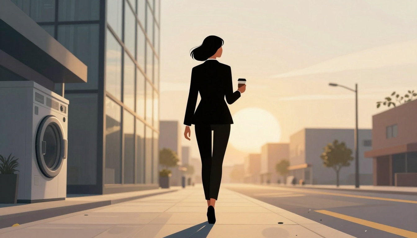 A woman in a black suit walks down a city street at sunrise, holding a coffee cup. Buildings and trees line the sidewalk.