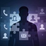 Silhouette of a person with overlapping transparent puzzle pieces showing icons of people, phone, and envelope. Background features a digital network pattern with lines and nodes on a dark gradient.