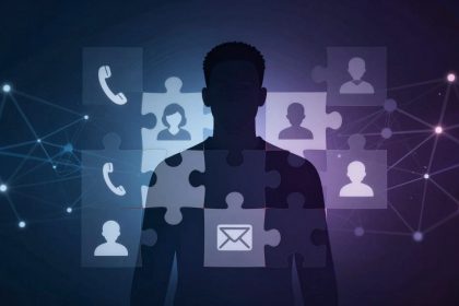 Silhouette of a person with overlapping transparent puzzle pieces showing icons of people, phone, and envelope. Background features a digital network pattern with lines and nodes on a dark gradient.