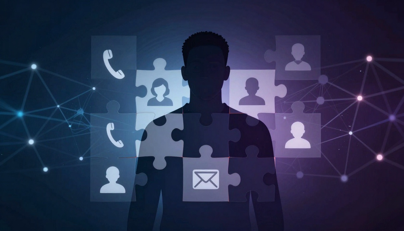 Silhouette of a person with overlapping transparent puzzle pieces showing icons of people, phone, and envelope. Background features a digital network pattern with lines and nodes on a dark gradient.