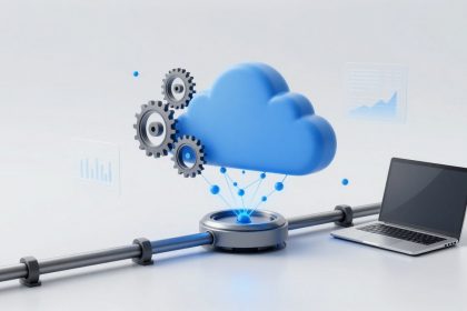 A digital representation showing a blue cloud connected to gears and a laptop via a data pipeline. Floating charts indicate data analytics.