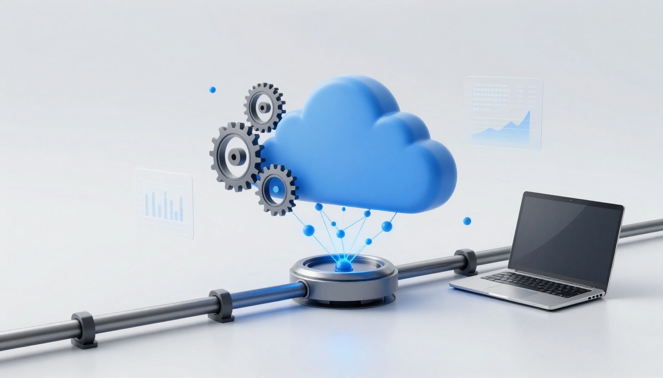 A digital representation showing a blue cloud connected to gears and a laptop via a data pipeline. Floating charts indicate data analytics.