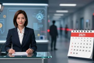 A woman in a suit sits at a desk with a microphone, holding papers. Behind her, digital graphics of AI and Bitcoin appear. A 2021 calendar is prominently displayed on the desk. The background is a modern, blurred office setting with people in silhouette.