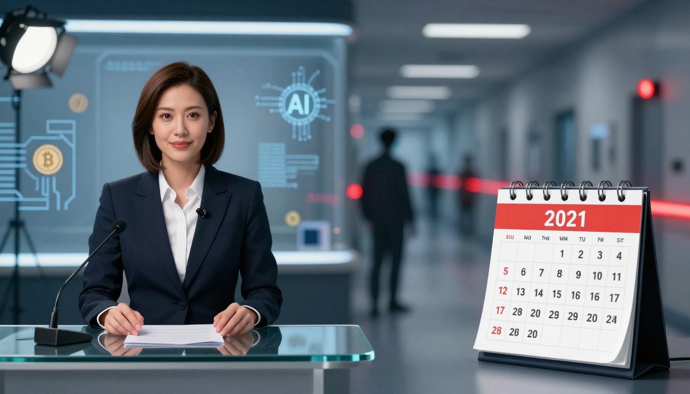 A woman in a suit sits at a desk with a microphone, holding papers. Behind her, digital graphics of AI and Bitcoin appear. A 2021 calendar is prominently displayed on the desk. The background is a modern, blurred office setting with people in silhouette.