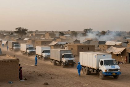 A convoy of white trucks with blue logos drives through a dusty village with mud brick houses and tents. People in blue uniforms walk alongside.