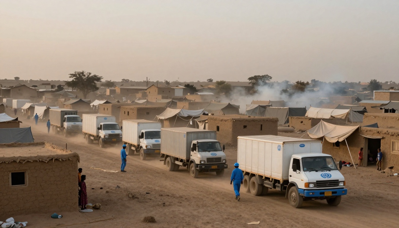 A convoy of white trucks with blue logos drives through a dusty village with mud brick houses and tents. People in blue uniforms walk alongside.