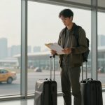 A person stands in an airport terminal holding a clipboard, wearing a backpack, and surrounded by two black suitcases. A taxi is visible outside the window.
