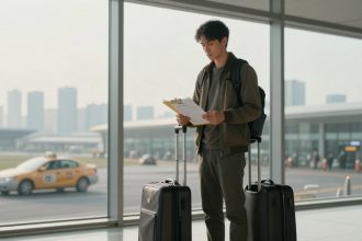 A person stands in an airport terminal holding a clipboard, wearing a backpack, and surrounded by two black suitcases. A taxi is visible outside the window.